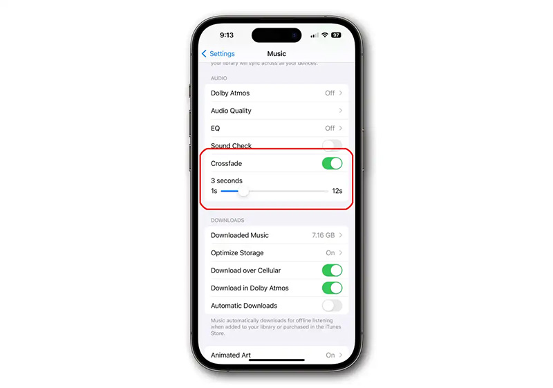 Tại mục Crossfade gạt để bật tính năng này