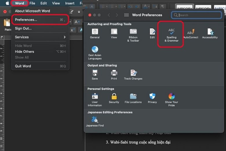 Cửa sổ Preferences xuất hiện bạn chọn mục “Spelling & Grammar”