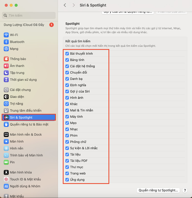 Đánh tích mục mà người dùng muốn Spotlight hiển thị tìm kiếm