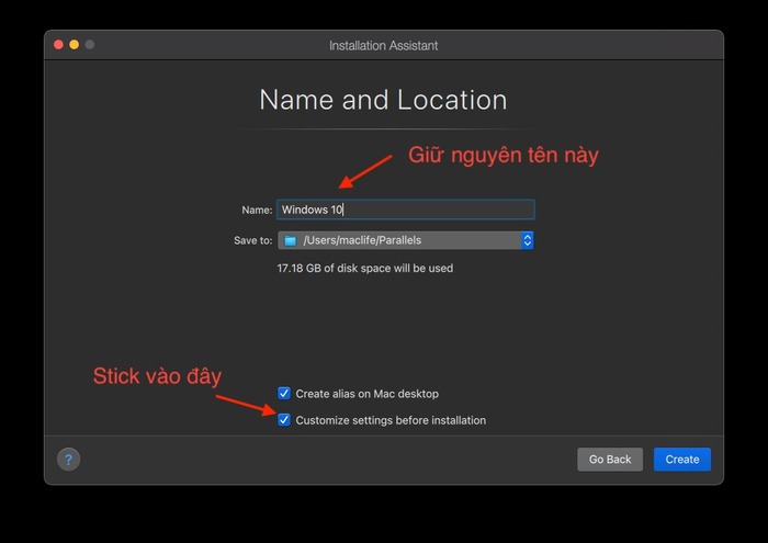 Giữ nguyên tên máy ảo và chọn vào Customize setting > chọn Create 