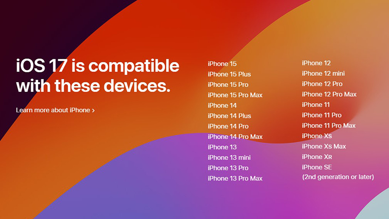 Các mẫu điện thoại tích hợp IOS 17 
