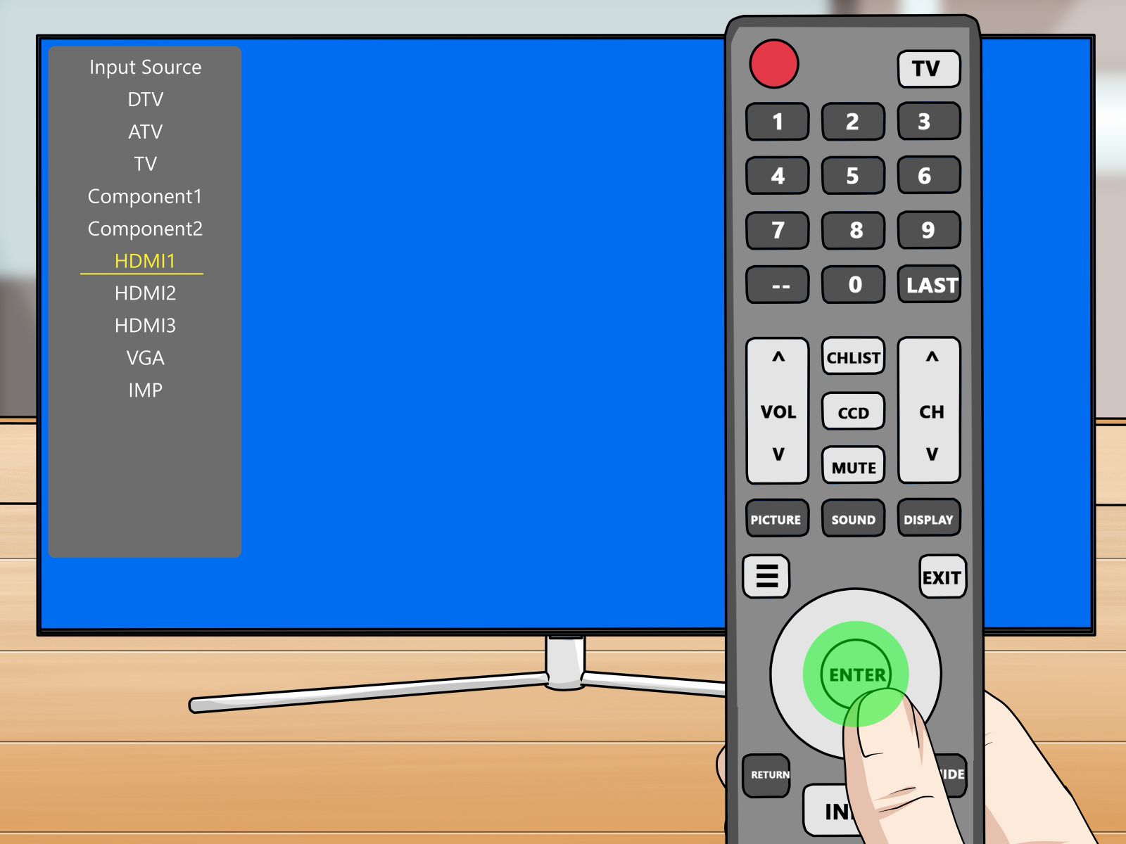 Trên giao diện TV, nhập đầu vào dữ liệu là HDMI bằng cách nhấn INPUT, SOURCE bằng những phím định hướng trên Remote và chọn HDMI.