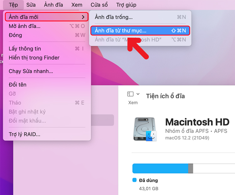 Nhấn vào “Tệp” chọn “Ảnh đĩa mới” và chọn “Ảnh đĩa từ thư mục”