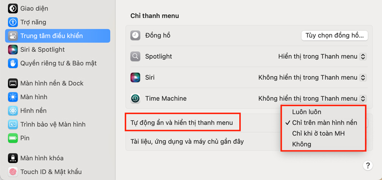 Tích vào tùy chọn mà bạn mong muốn về trạng thái ẩn/hiện thanh menu