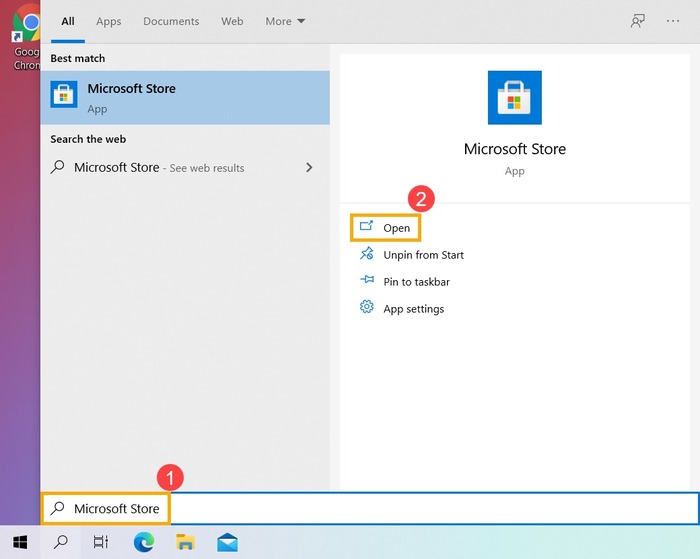 Vào mục Tìm kiếm search Microsoft Store và nhấn Open 