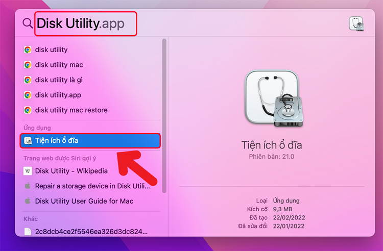 Vào ô tìm kiếm và nhập “Disk Utility” rồi nhấn “Enter”