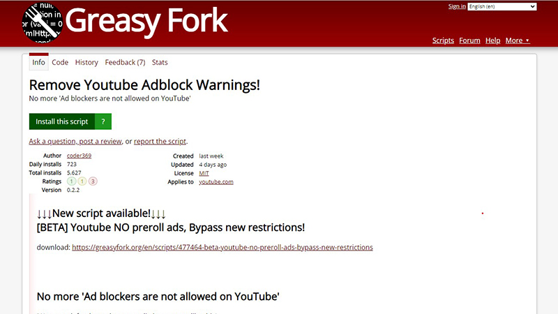 Truy cập trang web Remove Youtube Adblock Warning